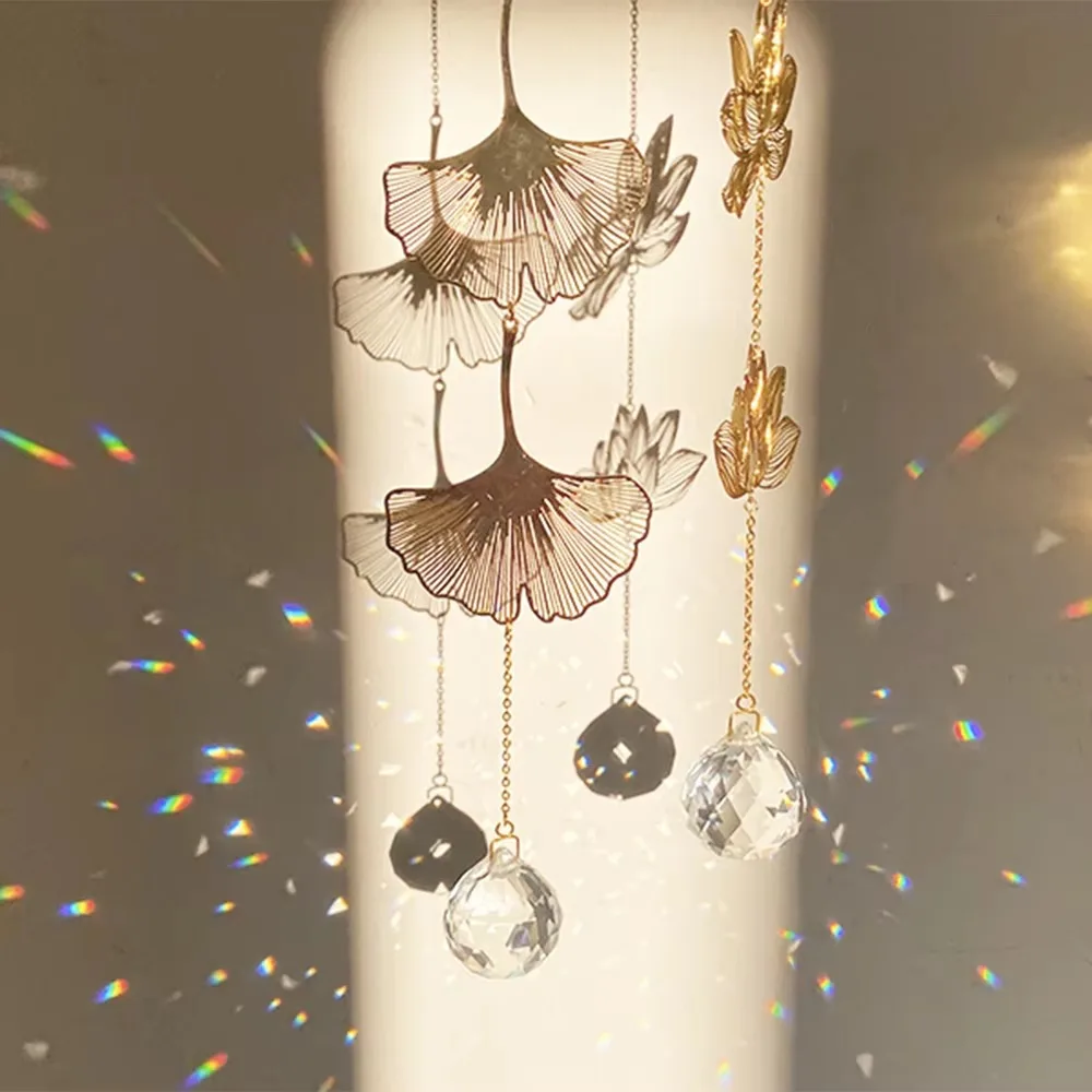 New Hanging Decoration Sun Catcher Lotus & Ginkgo Leaf Window Art Crystal Suncatcher Gift Crystal Prism Garden 1