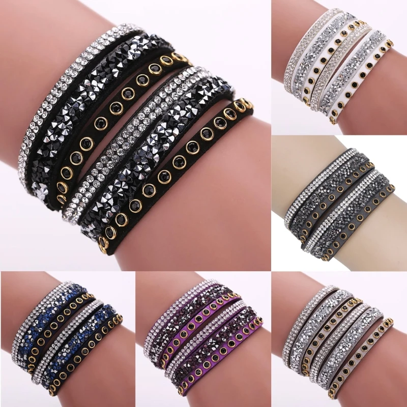 

Punk Multilayer Leather Wrap Wristband Cuff Crystal for Rhinestone Bracelet Bang