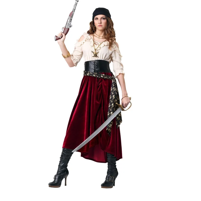 

Female Caribbean Pirates Captain Costumes Cosplay High Quality Captain Party pirate Suit Gothic Medoeval Halloween Fancy Dresses