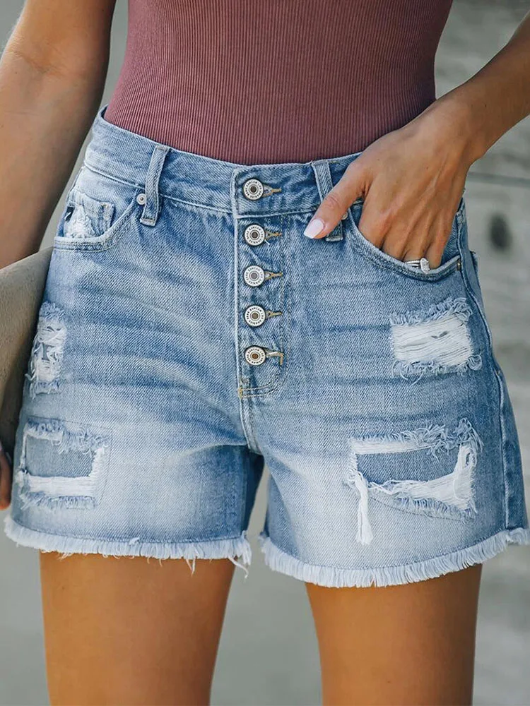 

Liooil Sexy Button Up Ripped Burrs Short Jeans With Tassel Pockets Women High Waist Washed Distressed Hole Stretch Denim Shorts