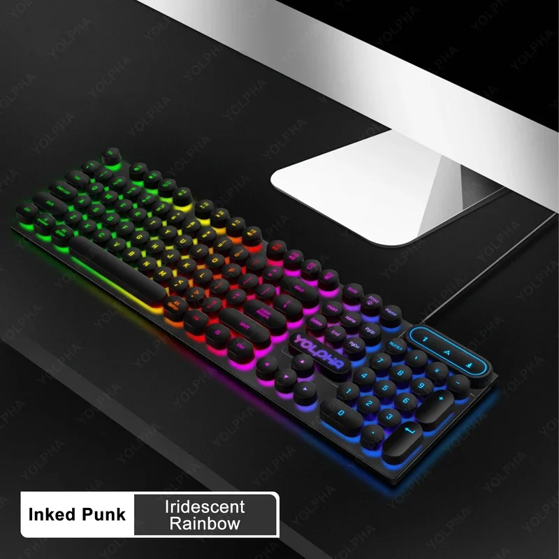 104keys Wired Keyboard QWERTY Layout Membrane Rainbow Backlight RGB Punk Retro Keyboard Gaming for Office PC Study