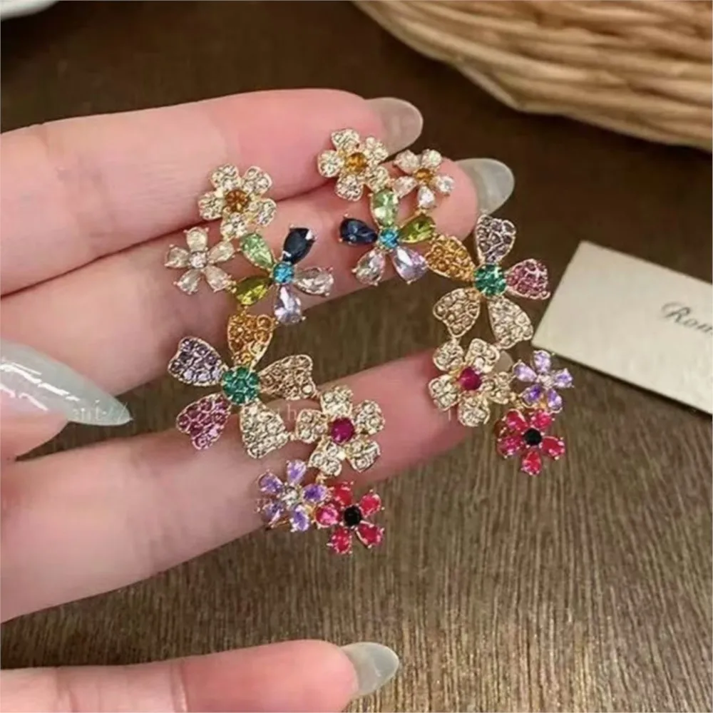 Elegant Sweet Colorful Flower Stud Earrings for Women Coated Multicolor Zircon Earrings Party Jewelry Gifts