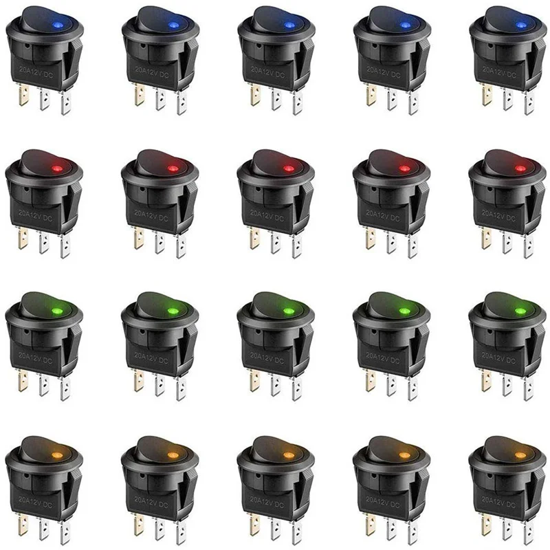 20 개/몫 On-Off 제어 4 색 푸시 버튼 스위치 3 핀 12V 20A Amps 자동차 트럭 로커 라운드 토글 LED 스위치