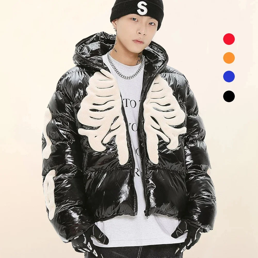 

Hooded PU Puffer Jacket Men Winter Rib Skeleton Patch Parkas Hip Hop Thick Warm Cotton Padded Quilted Jackets Waterproof Coats