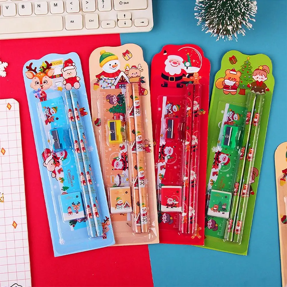 

3Set Happy New Year Christmas Stationery Set Durable Kids Writing Tools Cute Ruler Earser Sharpener StatiChristmas Gift