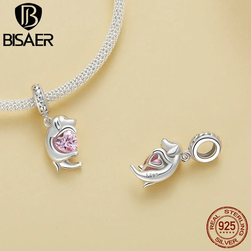 BISAER 925 Sterling Silver Golden Retriever Dog Charm Bead Pink