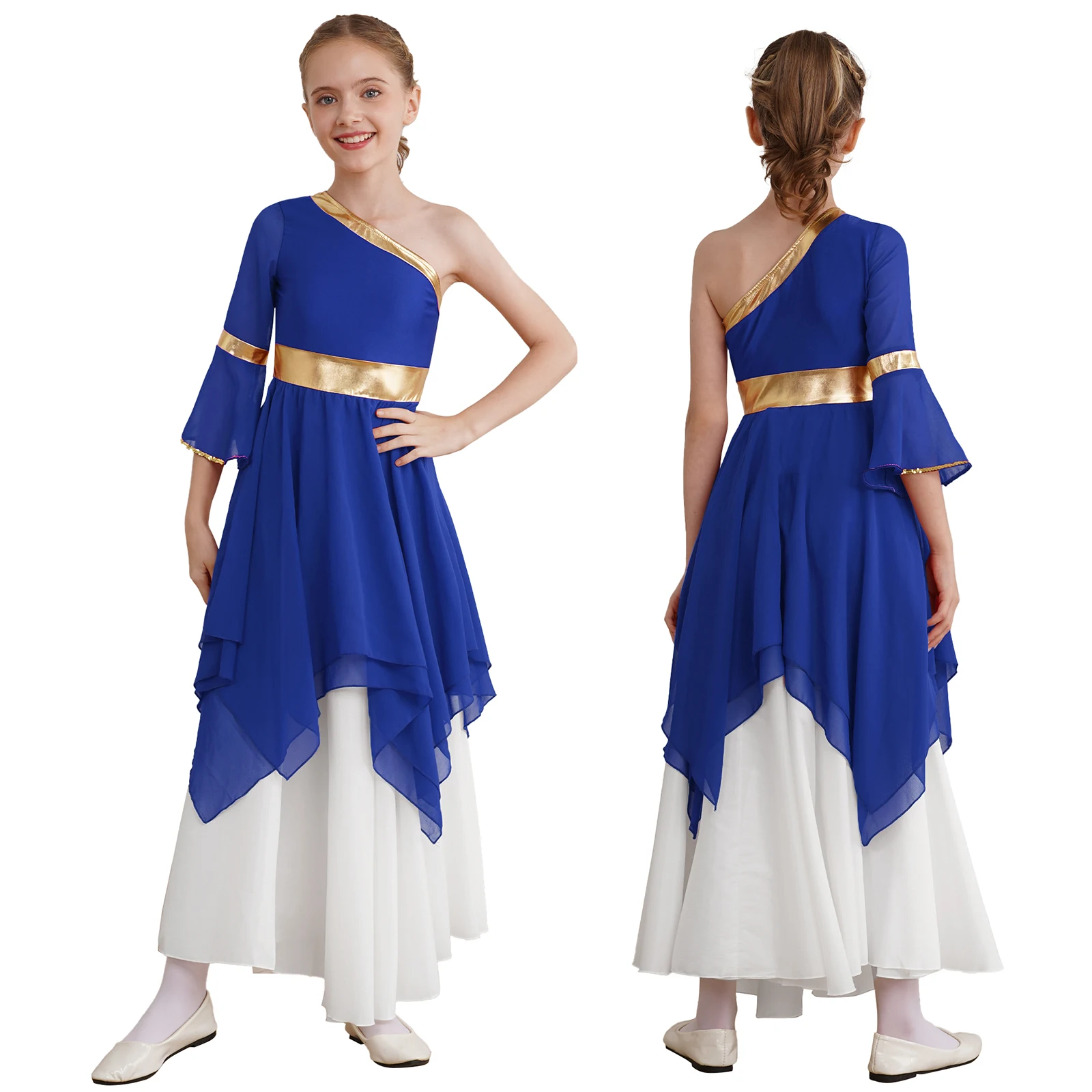 thumbnail image 1 of Vestido de baile lírico de Ballet con un hombro para niñas, vestidos metálicos con dobladillo Irregular y manga acampanada, disfraz de adoración cristiana, 1 of 5