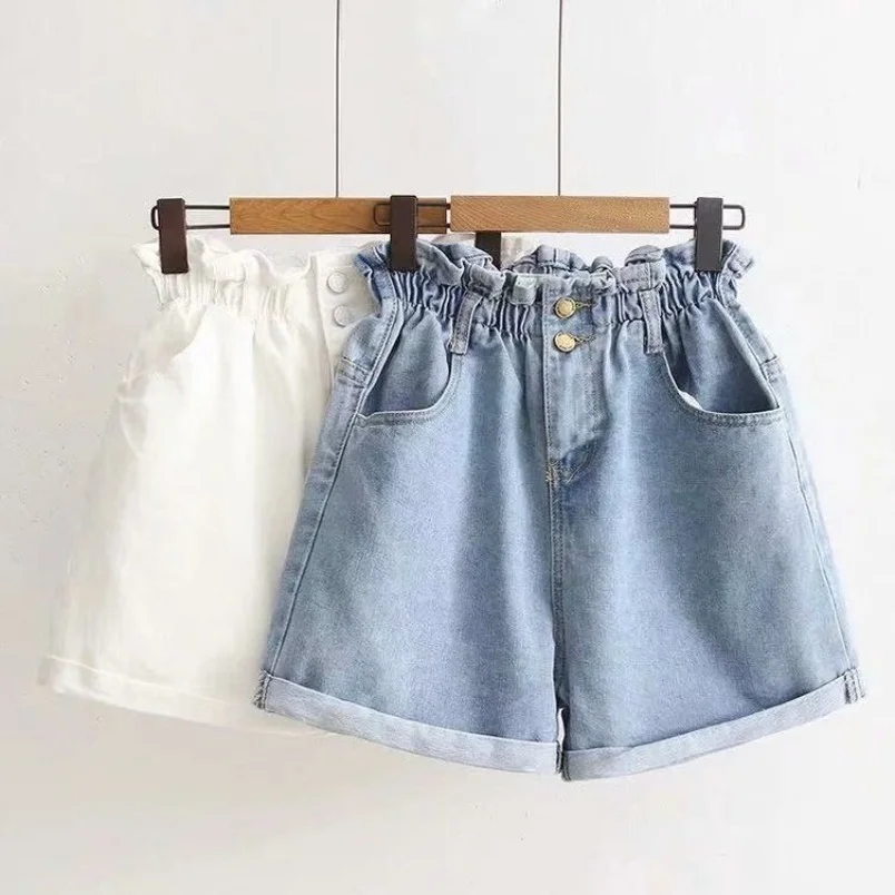 

2023 Summer Women High Waist Denim Shorts Casual Loose Fashion Roll Up Hem Elastic Waist Pocket Blue White Jeans Female Howdfeo