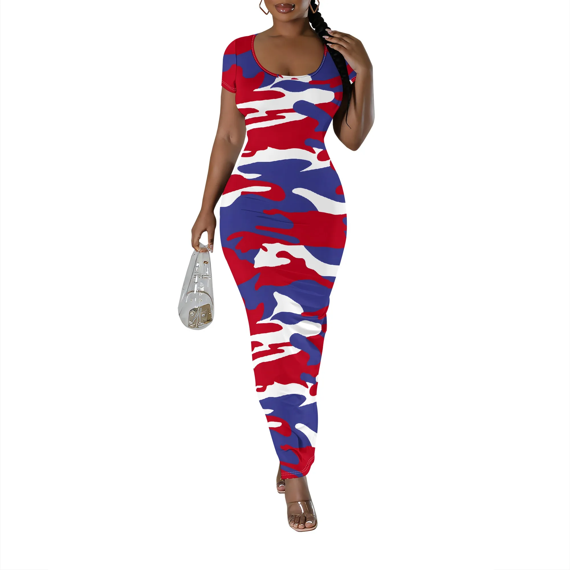 Damenmode, ärmellos, locker, sexy Outfits, langes Slip-Druck-Sommerkleid, Camouflage-Druck, U-Ausschnitt, Freizeitkleid, Maxikleider – Detail 3