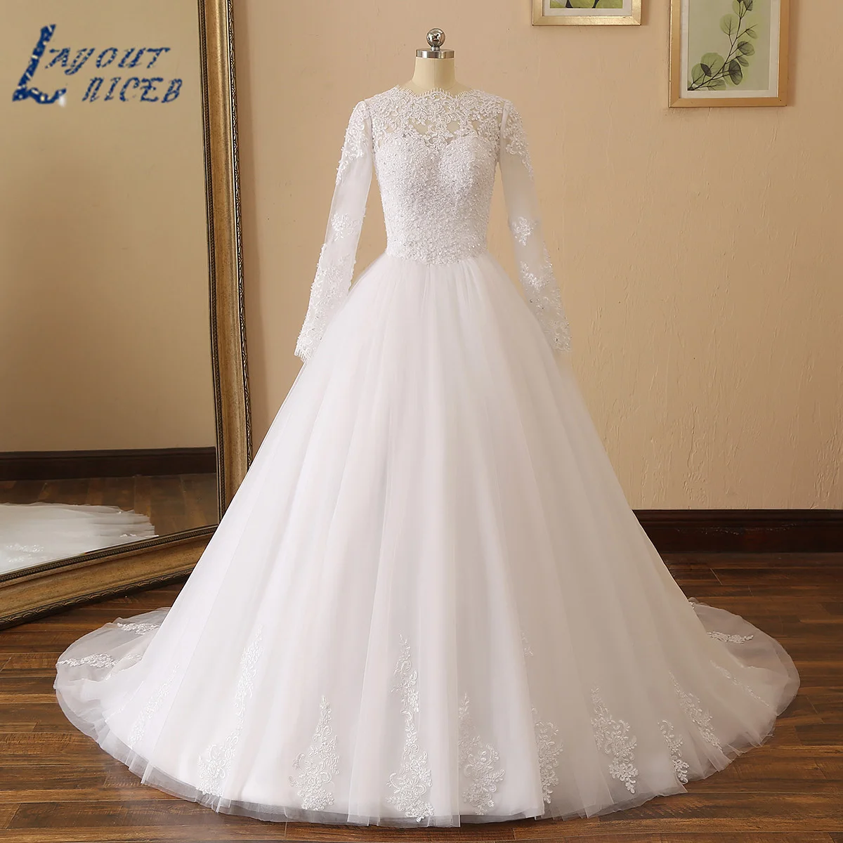

LAYOUT NICEB Wedding Dress Lace Applique Long Sleeves Luxury A Line Beading Bride Ball Gown Custom Princess Vestidos De Novia