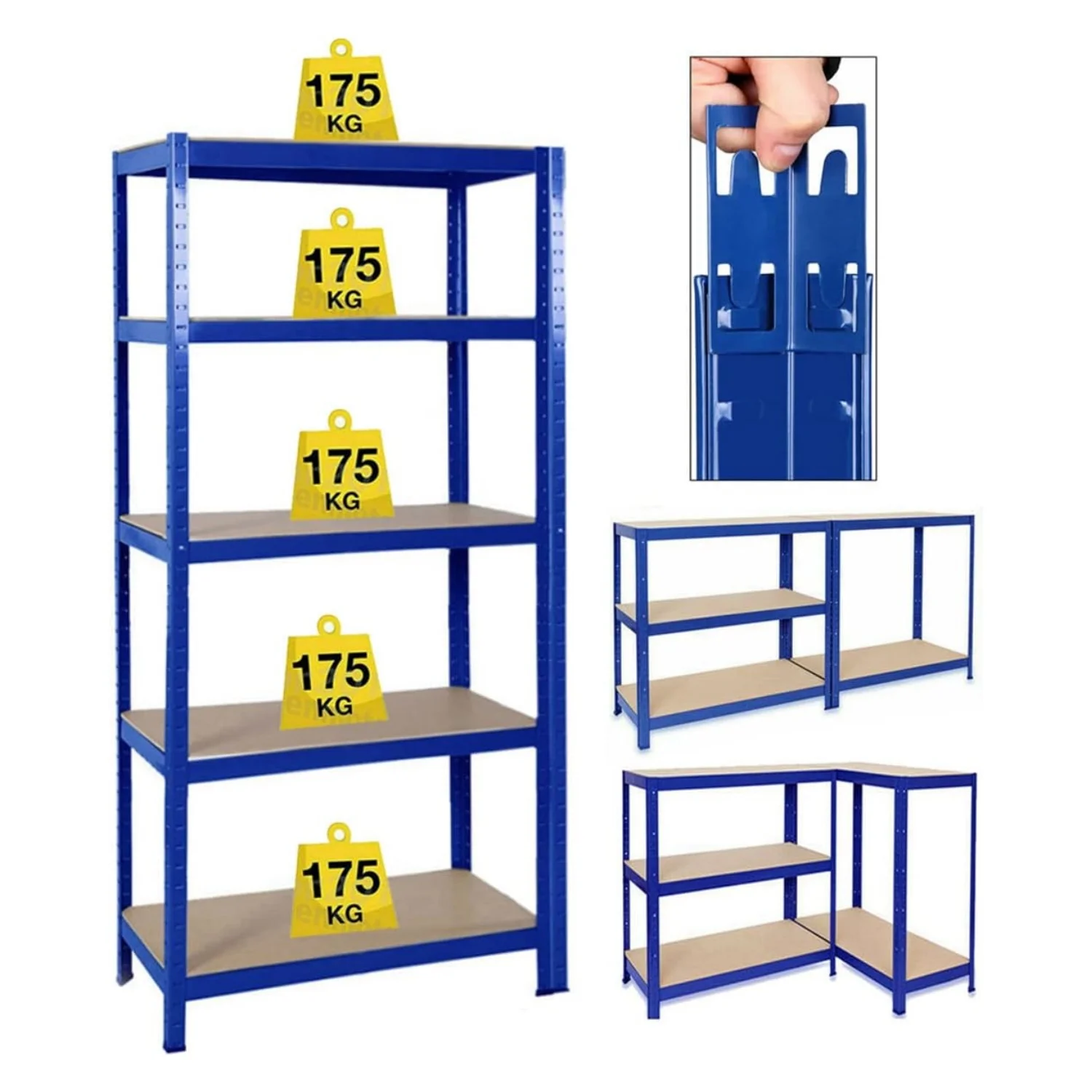 Close-up view of the shelf frame showing durable blue metal construction