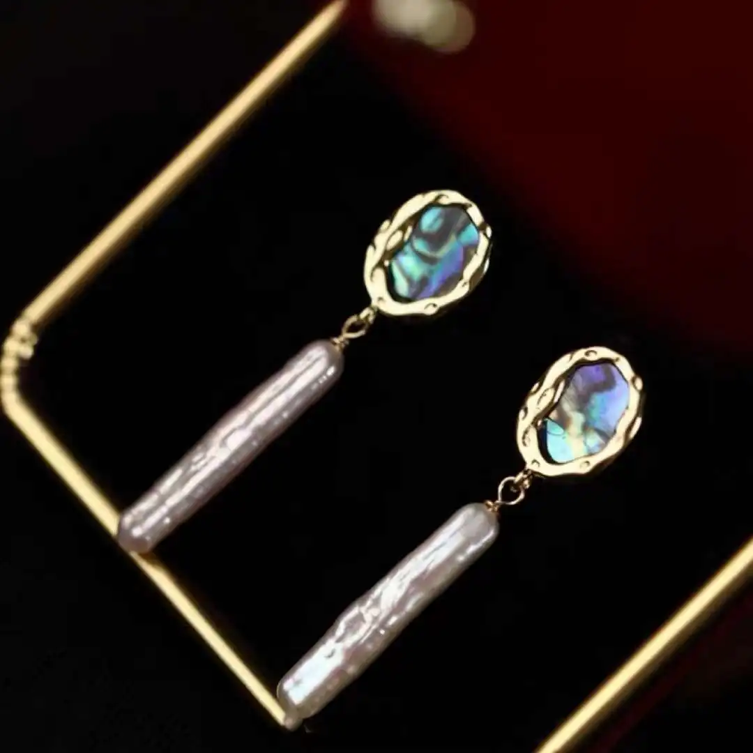 

New Abalone Shell Small Silver Bar Earrings S925 Silver Needle Freshwater Seawater Earrings Natural Baroque Pearl Earrings