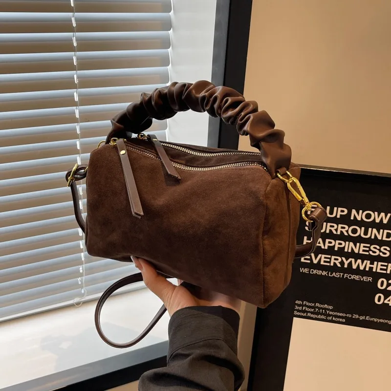 Vintage Handbag with Ruched Handle Faux Suede Chic Crossbody Bags, Retro Minimalist Design, Perfect for Daily & Casual Outings