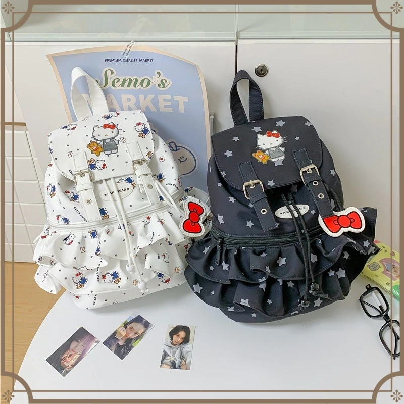 Korean cartoon cat print fashion backpack, sweet girl backpack casual polka dot skirt edge schoolbag 1