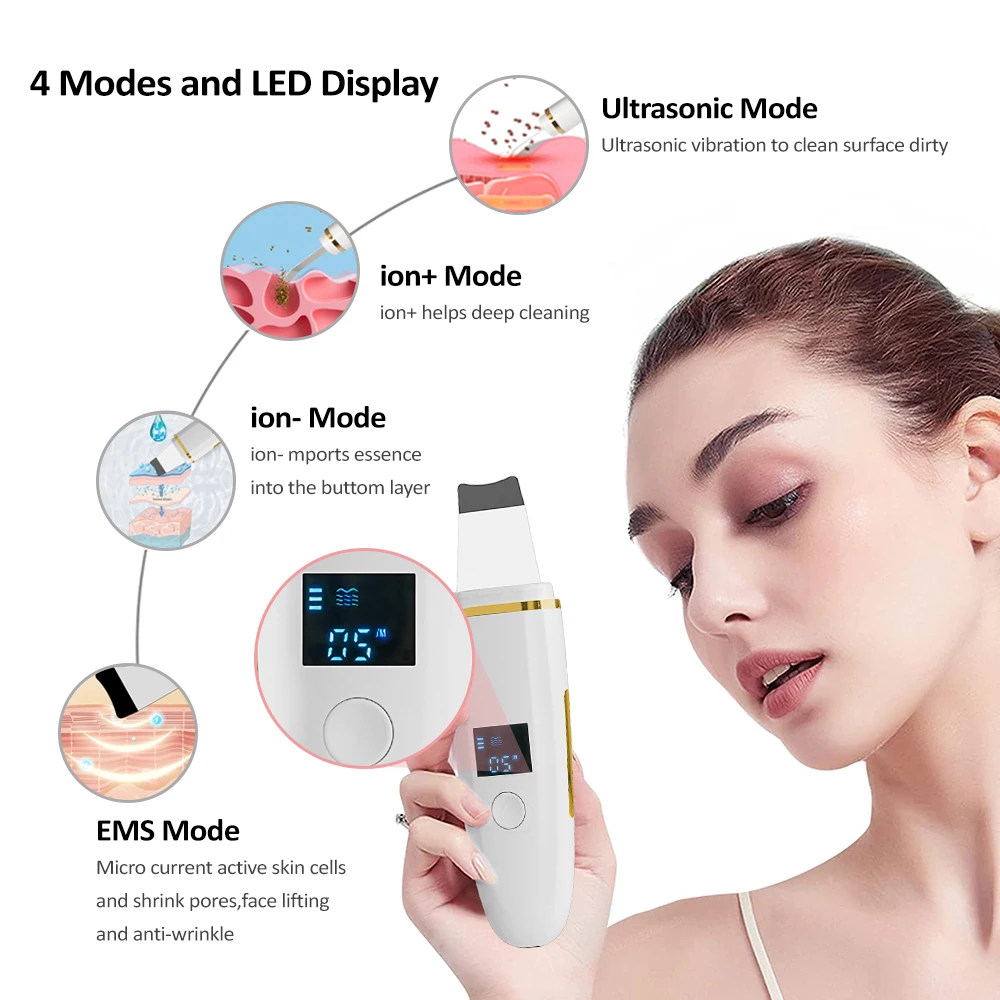 Face Skin Scrubber Ultrasonic Face Shovel Cleaning Dead Skin Peeling Acne Pore Spatula Deep Cleaner EMS Blackhead Remover Device