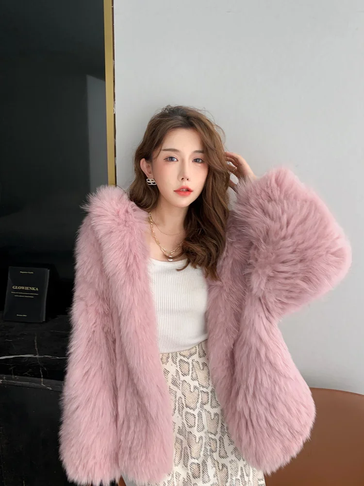 Double-sided Woven Fox Fur Coat Women's Clothing Fashion Hooded Long Young Knitted Thick Warm Fur Casual Jackets Autumn/Winter