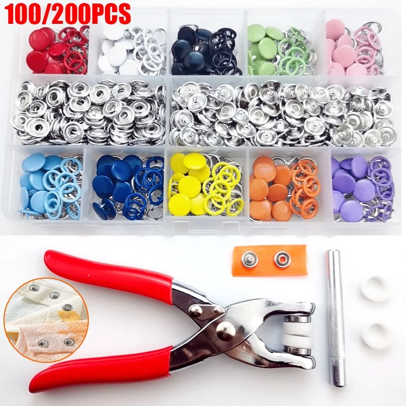 100/200Sets Colorful Metal Sewing Buttons Press Studs Snap Fasteners With Clip Pliers Diy Clothes Craft Tool Kit For Clothing