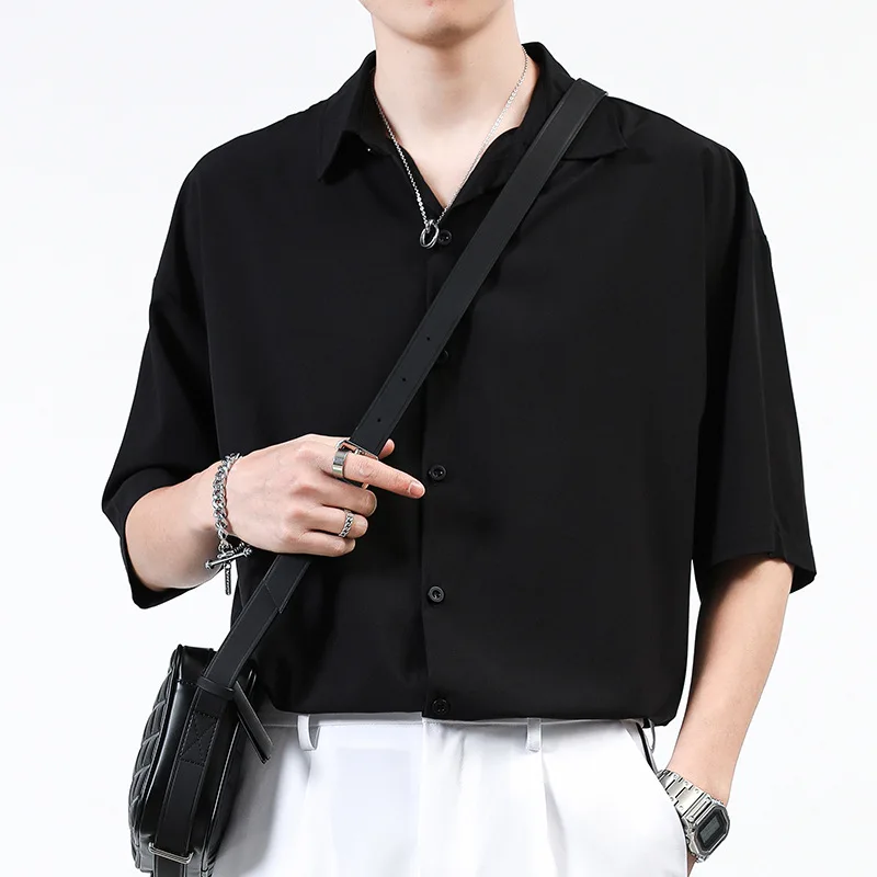 Summer casual men's short-sleeved shirt loose large size solid-colored lapel shirt