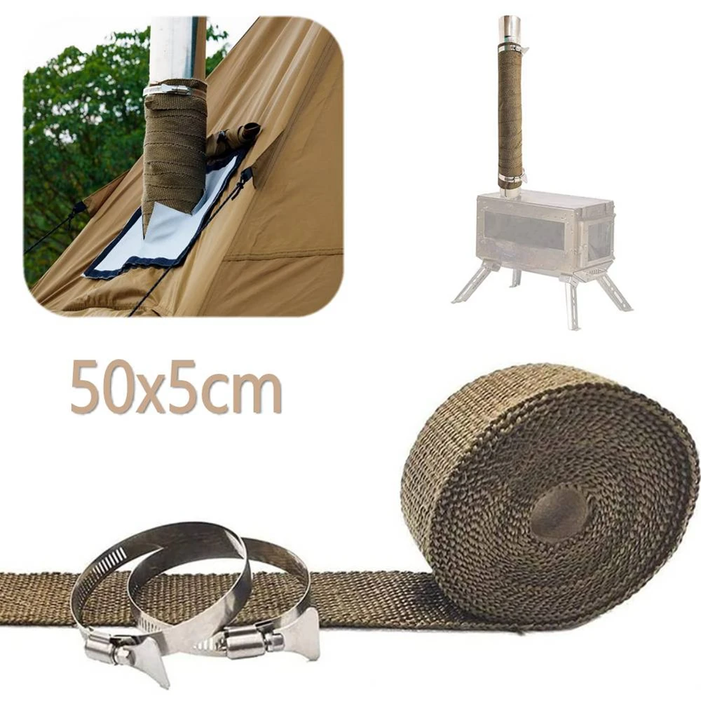 

5m*5cm DIY Tent Stove Fireproof Ribbon Adjustable Insulation with 2 Clamps Fireproof Pipe Glassfiber Cloth Accessories