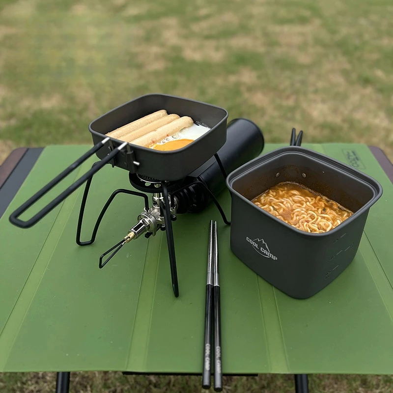 2pcs Outdoor Camping Square Pot Folding Portable Aluminum Alloy Lunch Box Frying Pan Cookware Fishing Mountaineering Cycling Set