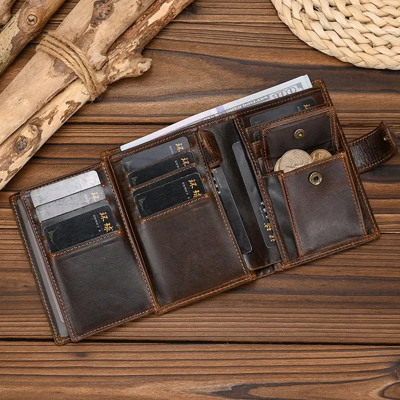 Genuine Leather Short Wallet for Men and Women, Multiple Card Slots, Money Clip with Coin Pocket