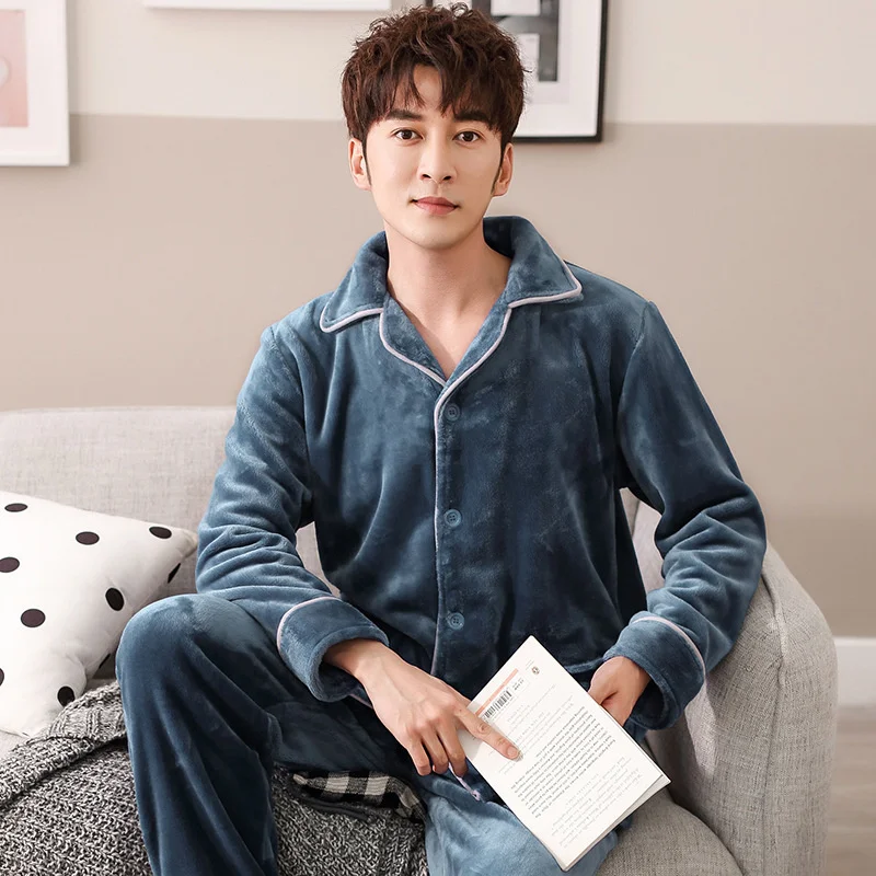 coral velvet pajamas men's autumn winter long sleeved cardigan lapel solid color flannel plush thickened warm home clothes