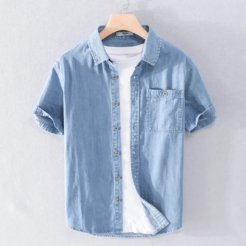 Summer Men's Casual Denim Short-sleeved Shirt Classic Japanese