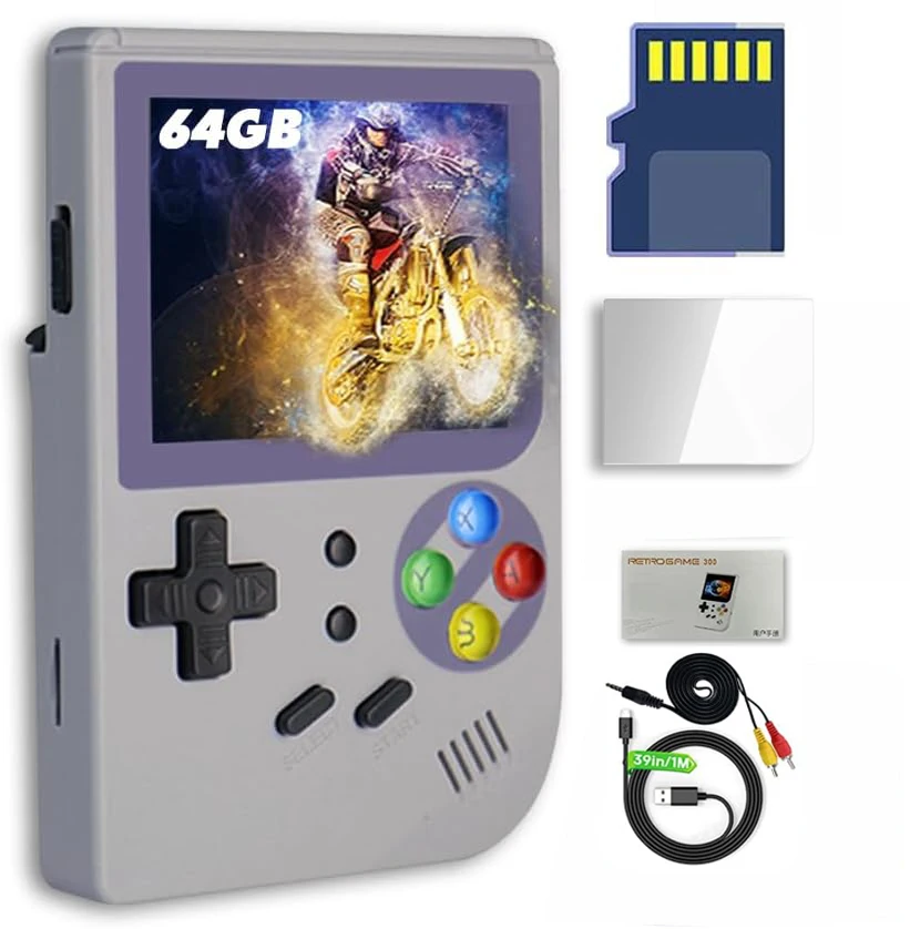

RG300 Handheld Game Console 2.8inch Portable Retro Video Games Consoles Rechargeable Built-in Hand Held Classic System Gray 64GB