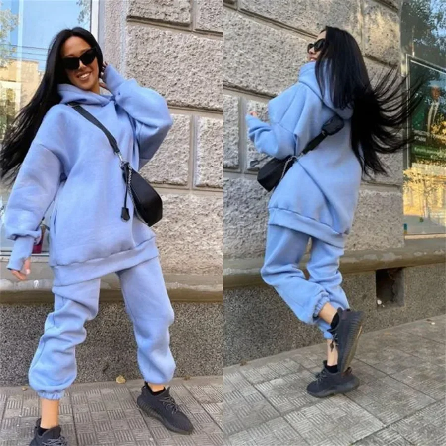 

Women's Oversized Tracksuit Set, Female Sweatshirt, Sports Hoodie, Monochromatic Sportswear, Winter, Autumn, 2021, 2 Pcs