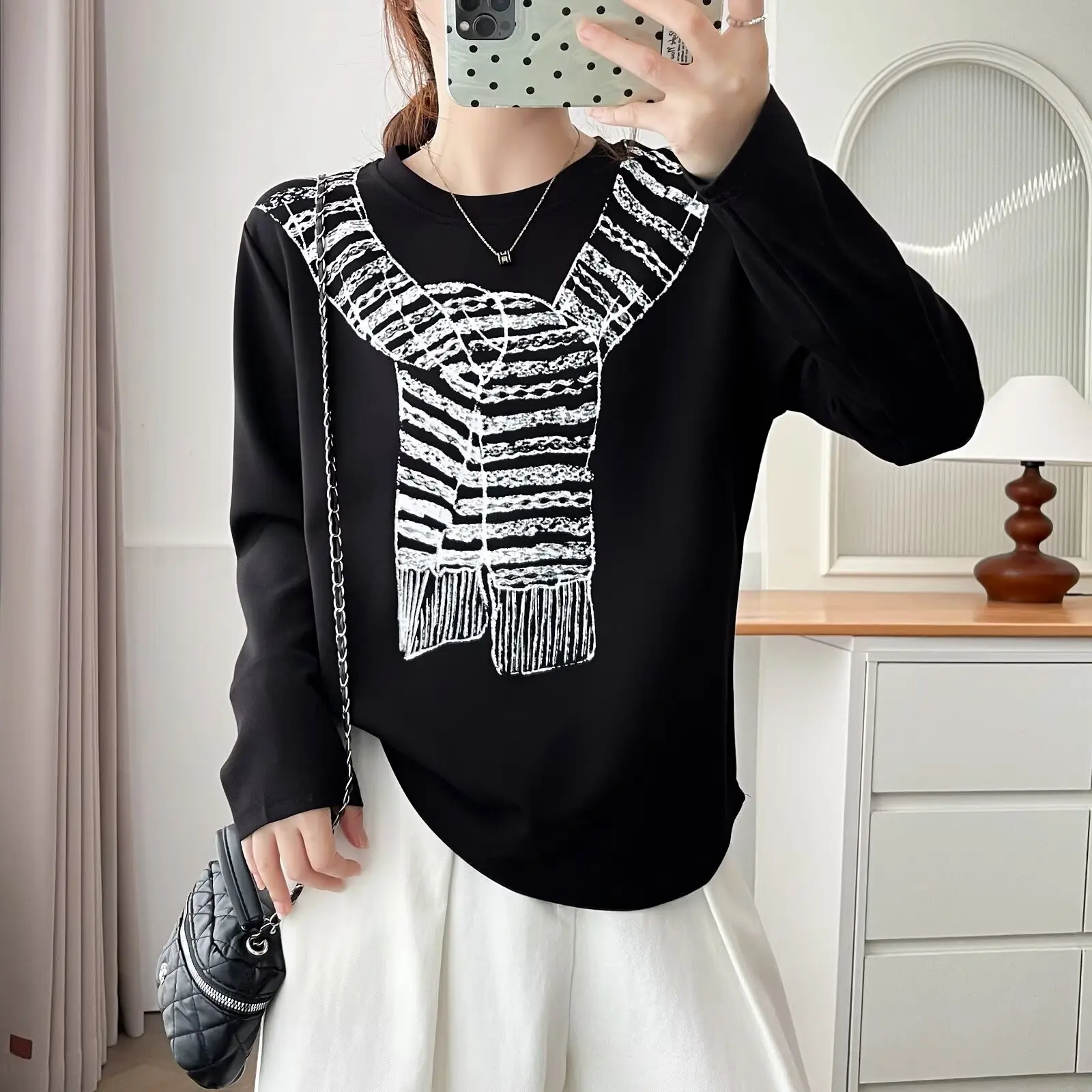 Fashion Plus Size Women's T-Shirt 2025 Autumn New Casual Shawl Printed Long Sleeve Tops 974