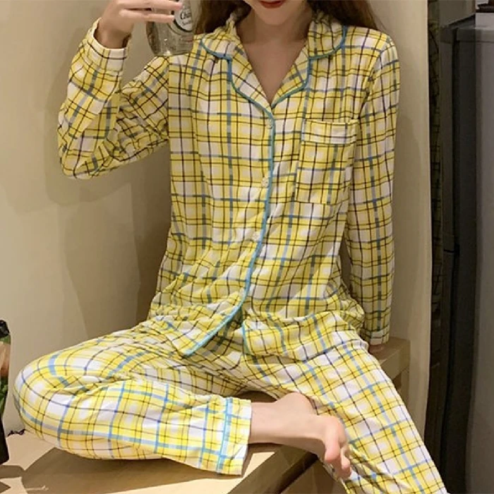 cotton pjs Ladies spring and autumn style net red printed plaid pajamas set lapel long-sleeved trousers 2-piece home service casual pajamas satin pj set Pajama Sets