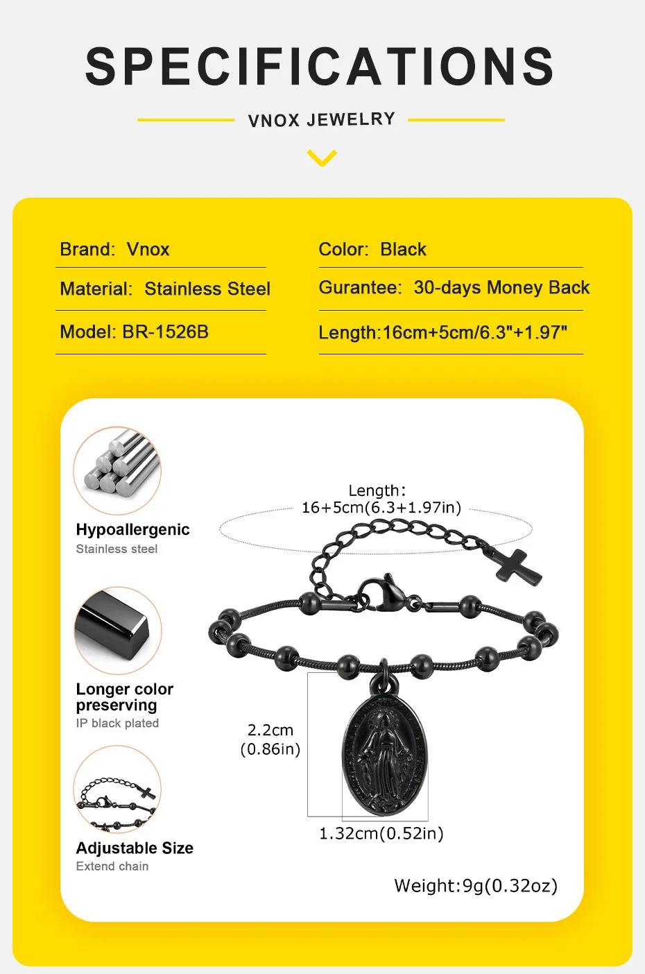 Vnox Damen-Rosenkranz-Jungfrau Maria-Armbänder, trendiges Edelstahl-Kreuzarmband im zwei Stil, bezaubernder religiöser Gebetsschmuck – Detail 4