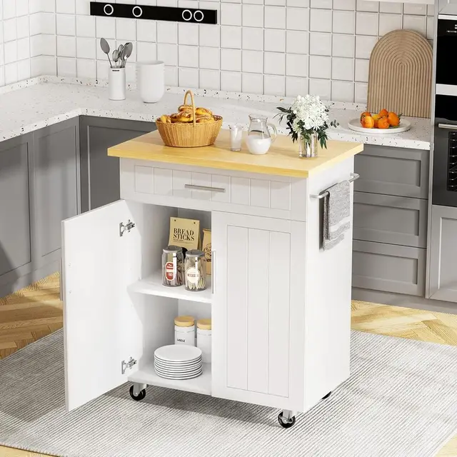 26in White Kitchen Island Cart with Wheels, Storage Cabinet, Shelves, and Towel Rack for Portable Kitchen Use