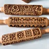 Christmas Rolling Pin with Reindeer Flower Patterns, Wooden Embossed 3D Cookie Mold Laser Engraved DIY Baking Tools Dough Roller