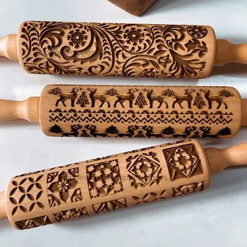 Christmas Rolling Pin with Reindeer Flower Patterns, Wooden Embossed 3D Cookie Mold Laser Engraved DIY Baking Tools Dough Roller