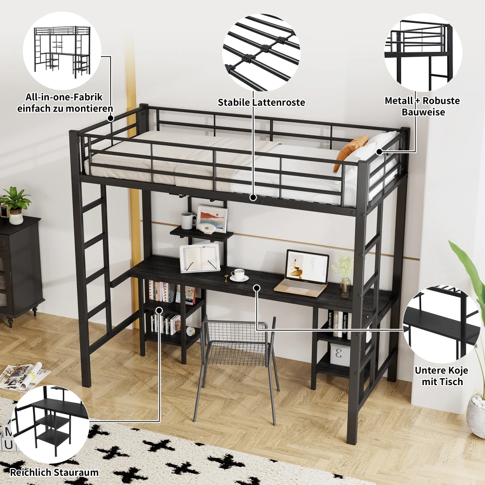 90x200cm Bett mit Eisenrahmen, Etagenbett mit Tisch und Regalen, für Kinder und Jugendliche, Kinderbett mit Seitenleiter und Fallschirmgitter – Detail 29