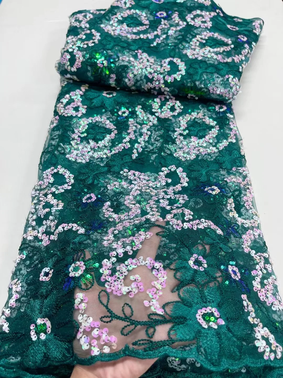 

New Design African Luxury Sequins Lace Material 2023 Embroidery Green French Tulle Mesh Lace Fabric For Nigerian Party Wedding