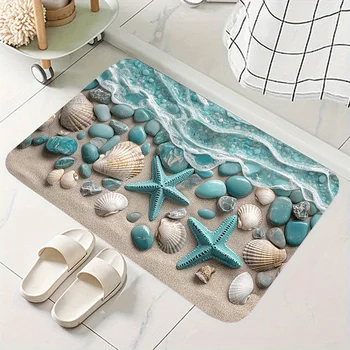 Tappetino da bagno con stampa Teal Ocean Life - Flanella, antiscivolo, lavabile in lavatrice, rettangolare, in poliestere, realizzato a macchina 1