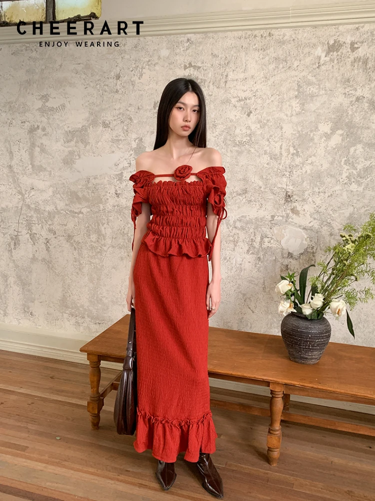 

CHEERART Designer Ruffles Red Skirt Sets Women 2 Piece Outfit Off The Shoulder Top And Midi Skirt Birthday Outfits Summer 2023