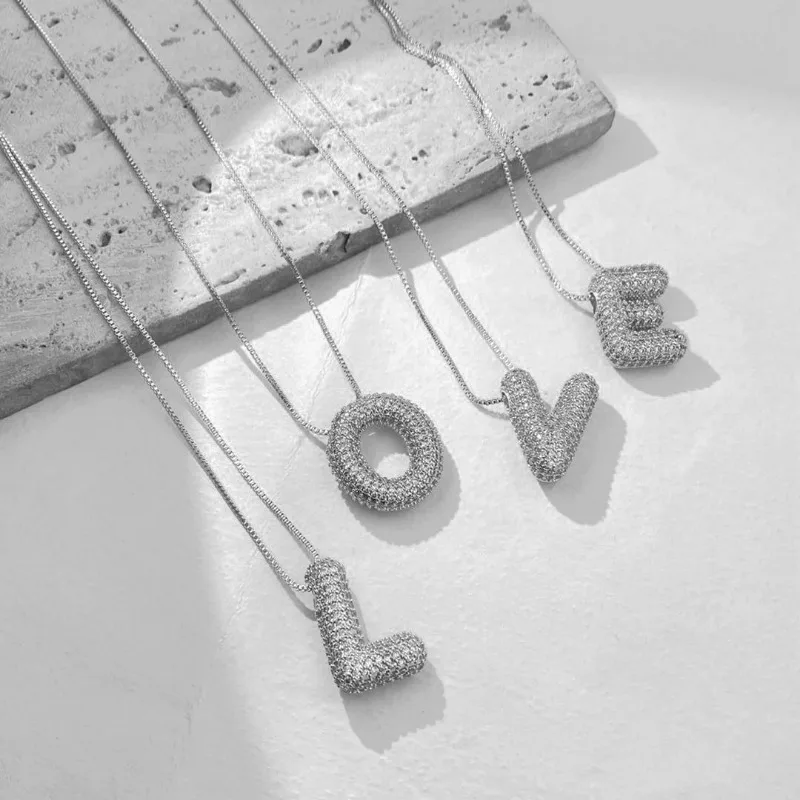 NEW A-Z Alphabet Pendant Cubic Zirconia Bubble Chunky Initial Letter Necklace for Women Stainless Steel Jewelry Birthday Gifts