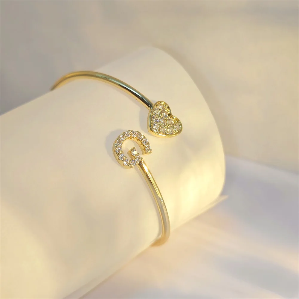 Doremi 9mm Zircon Letters Bangle Plain Letter Charm Stragger Initial Bracelet Women Gold Gift Jewelry