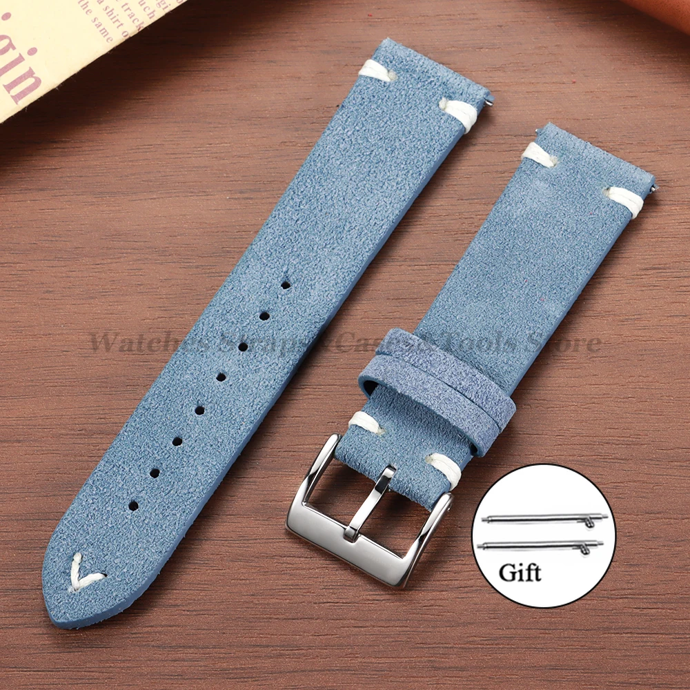 Blue Suede Leather Vintage Watch Strap with Quick Release