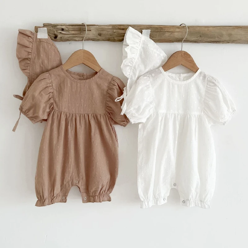 Newborn Baby Girl Jumpsuit Summer New Simple Solid Short Sleeve Rompers Playsuits for Infants Cotton Loose Kids Girls Clothes Newborn Knitting Romper Hooded 