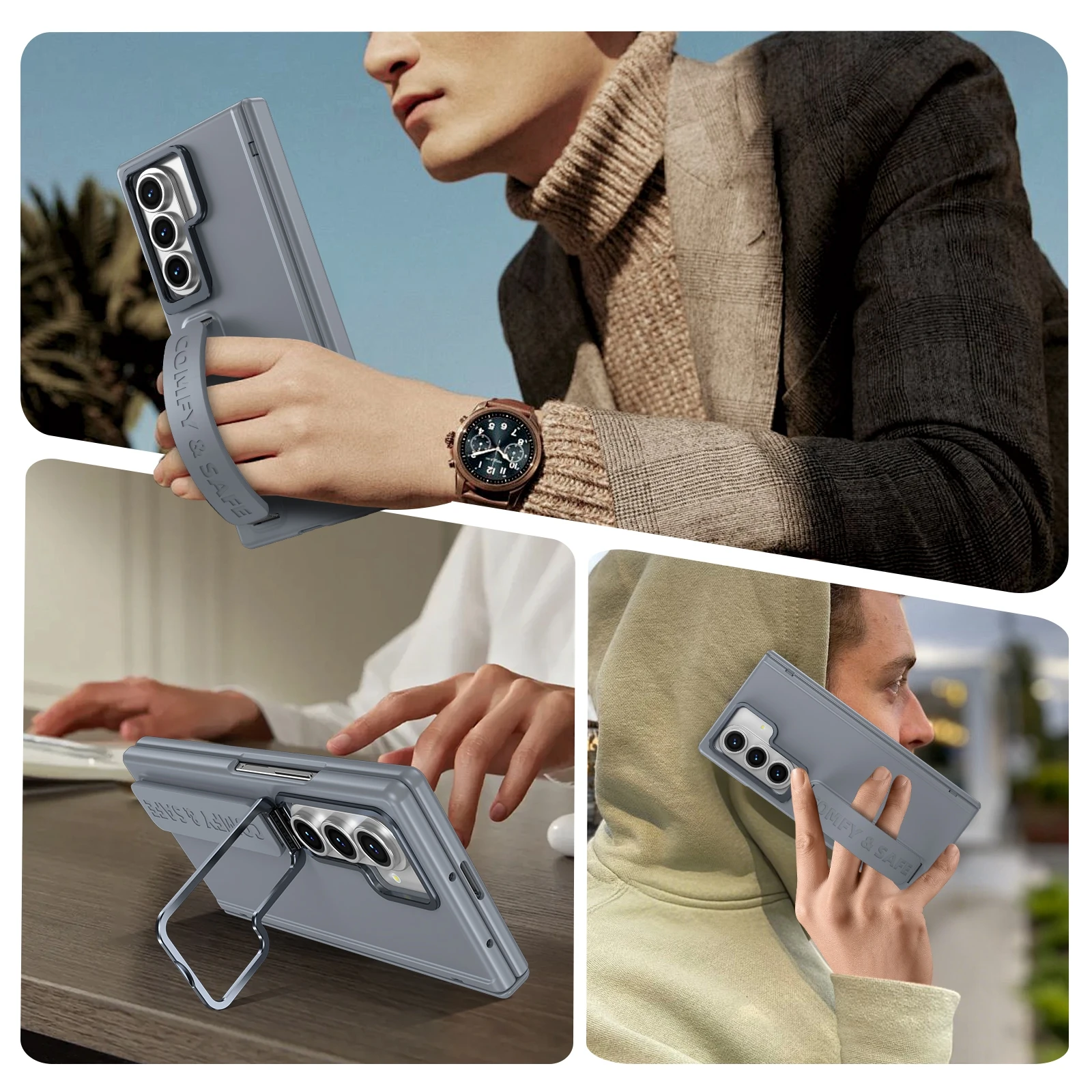 Magnetic Hinge Phone Case with Camera Lens Holder, Soft Wrist Strap, and Protective Film