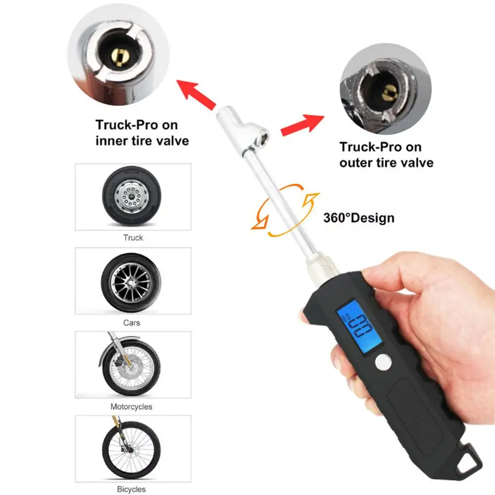 휴대용 범용 타이어 압력 카운터, 다기능 지능형 고정밀 프롬프트 테스터 손전등, LCD 250PSI, B4O2 포함
