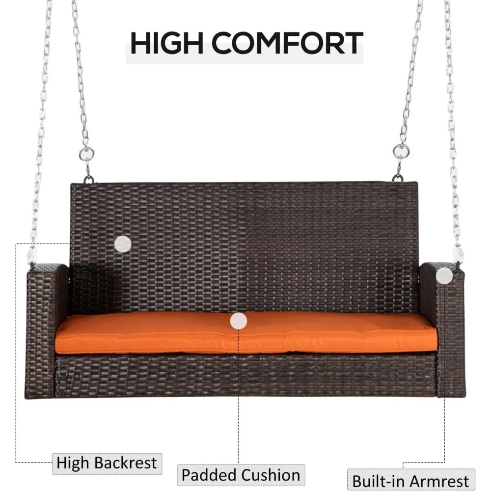 Hanging Porch Swing, Wicker Daybed for 2 with Cushions, 550 lb Capacity, Patio Furniture for Backyard & Garden, Orange 5