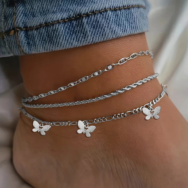 1-3pcs Simple Metal Chain Butterfly Pendant Anklet for Women Adjustable Layered Vintage Minimalist Beach Anklet Set Foot Jewelry 2