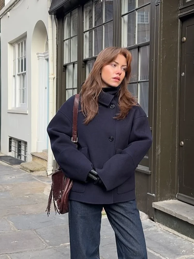 Dark Blue Woolen Jackets For Women 2025 Autumn Single