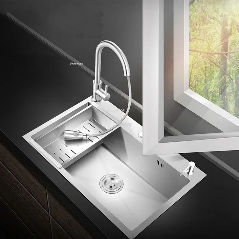 Three-hole Silver Stainless Steel Kitchen Sinks Luxury Kitchen Accessories Handmade Washbasin Single-slot Home Washing Sinks Z