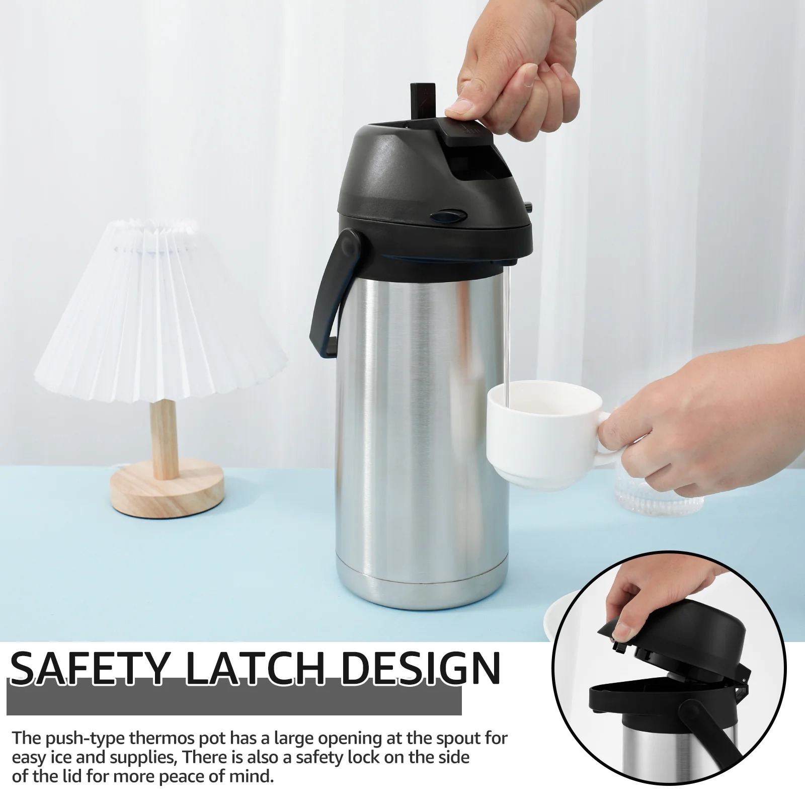 64oz/1.9L Coffee Carafe Push Type Thermos Kettle Stainless Steel Hot Coffee Pot Leak-proof Thermal Water Bottles for Home Travel